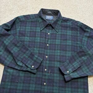 Vtg Pendleton Shirt Mens Large Green Black Watch Plaid Wool Flannel Lined USA